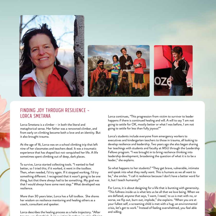 The printed Montana Parenting page: the headline Finding Joy through Resilience, with photographs of Lorca