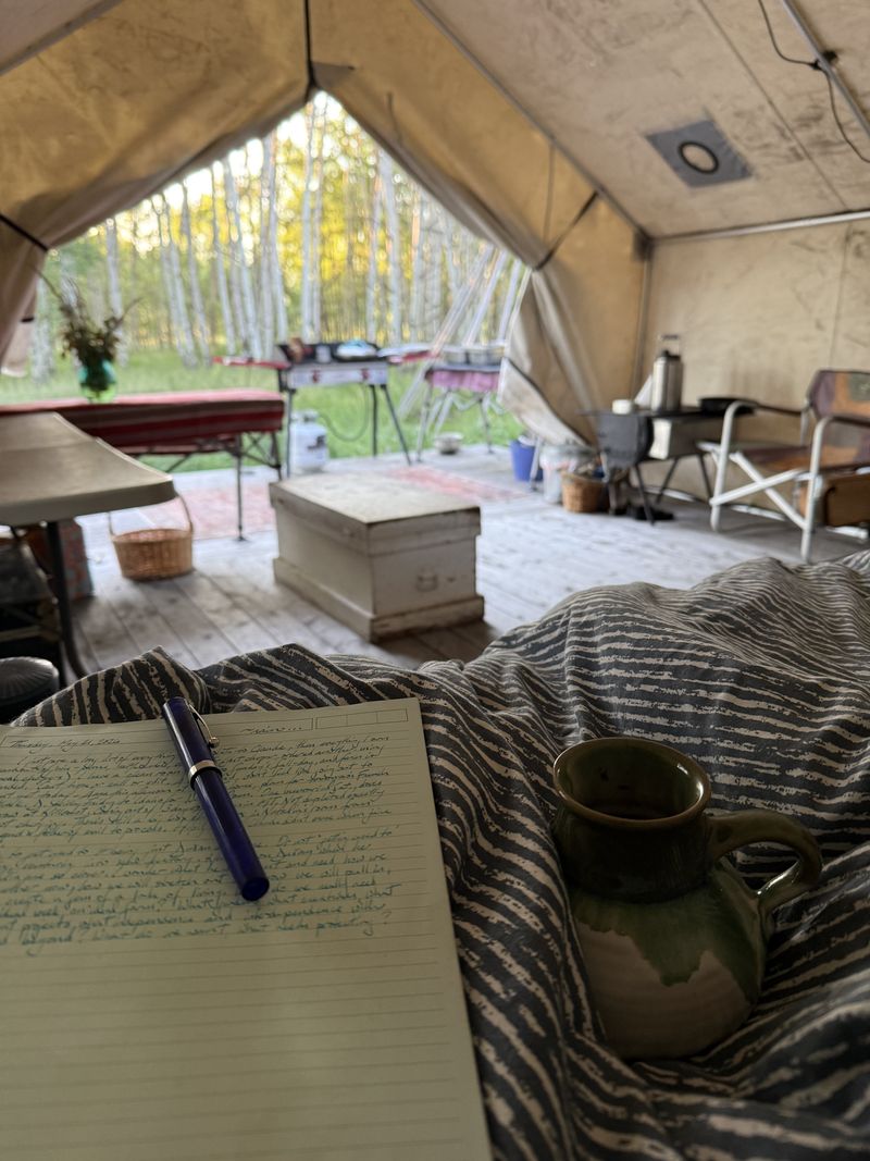 A page of longhand and a pen on a striped blanket, a green mug beside them, the tent door open onto aspens