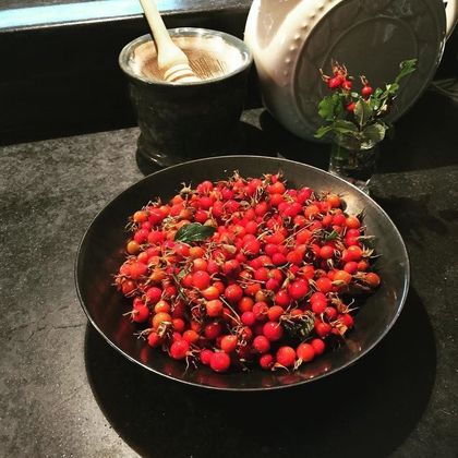 A black bowl filled with wild rose hips